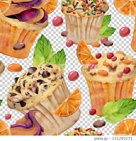 Orange topped muffin and cupcake pastry with citrus slices, mint leaves, chocolate chips hand painted in watercolor. Seamless pattern for baking visuals, digital art, product labels, recipe layouts. 131293271