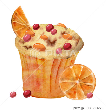 Orange cupcake in watercolor with citrus slices, sugar candy dragee, muffin in paper cup with bonbon topping. Hand painted isolated dessert illustration. Recipe layout, packaging visuals, social media Orange cupcake in watercolor with citrus slices, sugar candy dragee, muffin in paper cup with bonbon topping. Hand painted isolated dessert illustration. Recipe layout, packaging visuals, social media 131293275