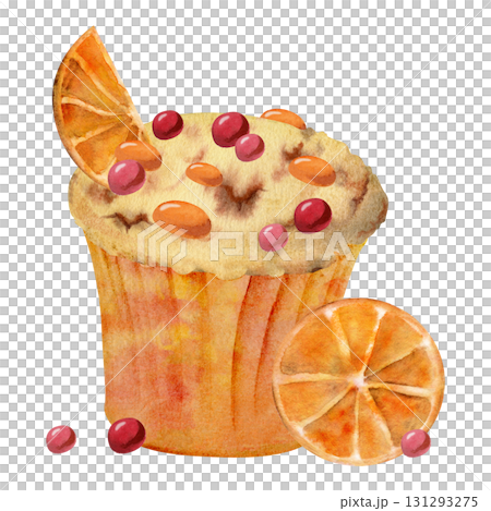 Orange cupcake in watercolor with citrus slices, sugar candy dragee, muffin in paper cup with bonbon topping. Hand painted isolated dessert illustration. Recipe layout, packaging visuals, social media Orange cupcake in watercolor with citrus slices, sugar candy dragee, muffin in paper cup with bonbon topping. Hand painted isolated dessert illustration. Recipe layout, packaging visuals, social media 131293275