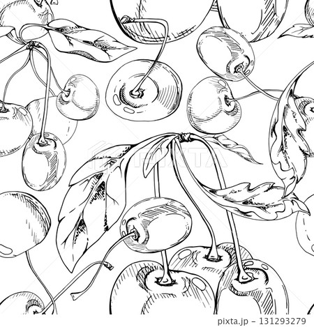 Sweet sour line cerise cherry with plant leaves, hand drawn vector ink, garden berry in clusters on branches. Seamless pattern wallpaper illustration. Restaurant, cafe menu, wedding, farmers market. Sweet sour line cerise cherry with plant leaves, hand drawn vector ink, garden berry in clusters on branches. Seamless pattern wallpaper illustration. Restaurant, cafe menu, wedding, farmers market. 131293279