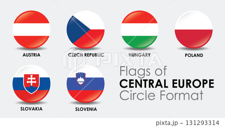 Flags of Central Europe displayed in circle format, showcasing national flags of Austria, Czech Republic, Hungary, Poland, Slovakia, and Slovenia Flags of Central Europe displayed in circle format, showcasing national flags of Austria, Czech Republic, Hungary, Poland, Slovakia, and Slovenia 131293314
