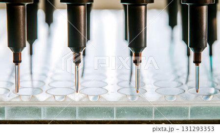 Precision instrument tips dispensing liquid on sample plate in laboratory setting 131293353