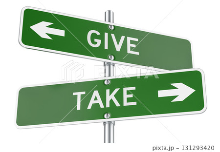 Give or Take green direction arrows, street signs. 3D rendering 131293420