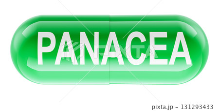Panacea, green capsule pill. 3D rendering Panacea, green capsule pill. 3D rendering 131293433
