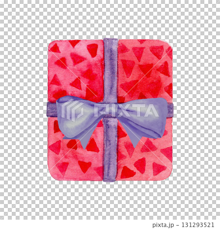 Rectangle gift box in red with violet ribbon and bow watercolor illustration isolated on white background. Perfect for holiday greeting cards, festive decoration, packaging design, Christmas design 131293521