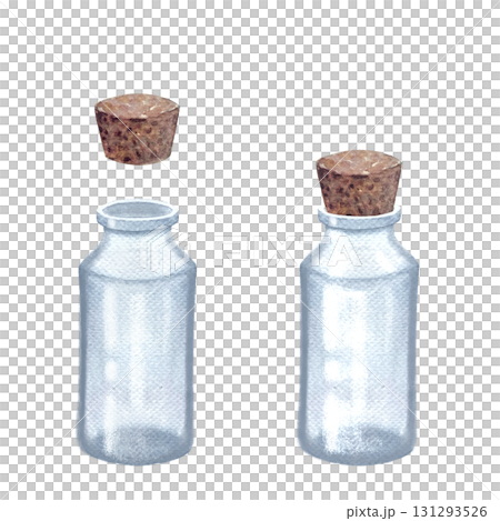 Glass bottles set with corks isolated on white. Hand painted in watercolor. Rustic high quality textured illustration in simple stile for vintage design, herbalism, home medicine, oil infusions 131293526