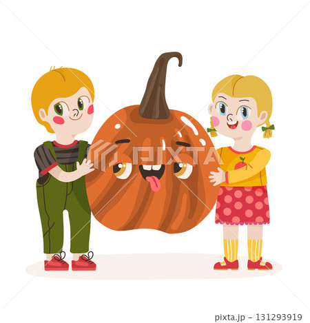 Two children, a girl and a boy are holding pumpkin, for festive autumn scene. Vector illustration Two children, a girl and a boy are holding pumpkin, for festive autumn scene. Vector illustration 131293919