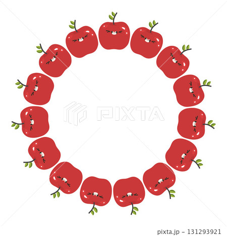 Wreath of cheerful red apple characters with a smiling face, good for postcards, invitations and products for children 131293921
