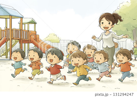 美優シリーズ：園庭で遊んでいる子どもたちと美優先生　走る 131294247