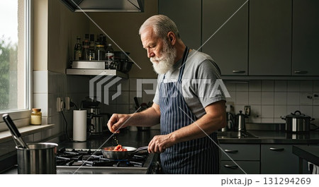Senior man with beard cooking, showing his passion for home cooking process 131294269