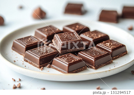 Promoting luxury food brands. White plate with assortment of Gourmet Chocolates. Special occasion. 131294517