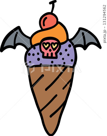 halloween Spooky ice cream cone with bat wings and skull in doodle color line style 131294562