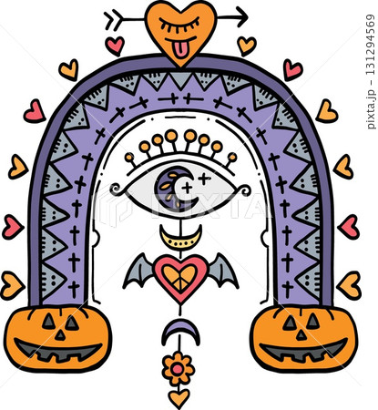 halloween Colorful illustrated arch background with symbols and hearts. in doodle color line style 131294569