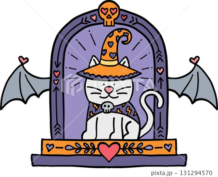 halloween Whimsical cat in a magical setting in doodle color line style halloween Whimsical cat in a magical setting in doodle color line style 131294570