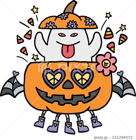 halloween Playful ghost in a pumpkin with whimsical details in doodle color line style halloween Playful ghost in a pumpkin with whimsical details in doodle color line style 131294572