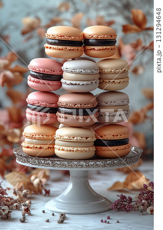 Various colored macarons on dessert stand with soft lighting. Trending aesthetics. 131294648