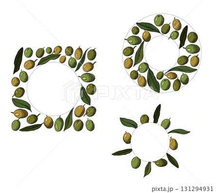 Olive leaf and berries wreath. circle round square set frame template. Vector graphic line ink colored illustration. for menu card banner invitation. Winner circle greek decoration. 131294931