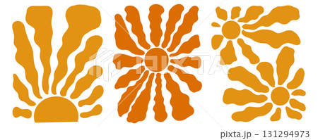 Set Retro Groovy radial Sun. Abstract Wavy rays bright colors 60s 70s style. Boho colorful groovy sun. Hippie poster. Abstract Summer Wallpaper. 131294973