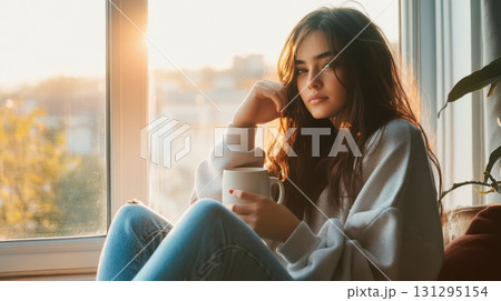 Young woman in vintage denim and oversized sweatshirt sitting on windowsill with mug, gazing through foggy glass at golden hour, warm light and film grain creating nostalgic atmosphere 131295154