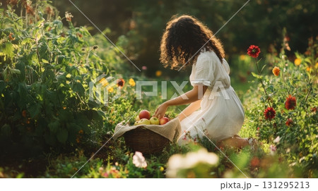 Rustic autumn moment of a woman with curly hair harvesting apples and flowers into a basket, surrounded by soft greens and burgundy tones, wind gently moving through the garden. Rustic autumn moment of a woman with curly hair harvesting apples and flowers into a basket, surrounded by soft greens and burgundy tones, wind gently moving through the garden. 131295213