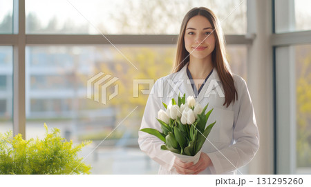 Young female doctor holding white tulips by hospital window in morning light, serene and proud expression, soft illumination on face and coat, calm and hopeful healthcare portrait 131295260