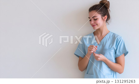 Emotive portrait of female nurse wearing medical uniform while attaching a small gratitude badge, captured in soft light with subtle pastel tones and calm, modern composition. 131295263