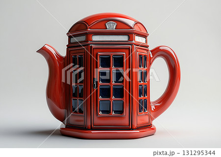 Contemporary design. Ceramic teapot in shape of an English telephone booth on a white background. Classic style. Contemporary design. Ceramic teapot in shape of an English telephone booth on a white background. Classic style. 131295344