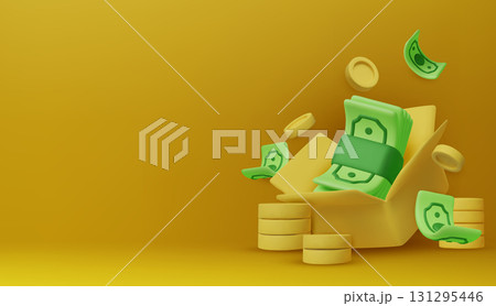 Gold coins with green paper dollars, Cashier's checks. Realistic 3d design in cartoon style. Business financial investment. Creative concept. Trade cash back. Save savings. Vector illustration 131295446