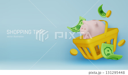 3D illustration of piggy bank in basket with dollars, perfect for concepts of finance, retail, and smart shopping. 131295448