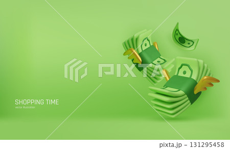 Money with wings concept, showing financial success, income flow, expenses, economic growth, online payments, and personal finance. 131295458