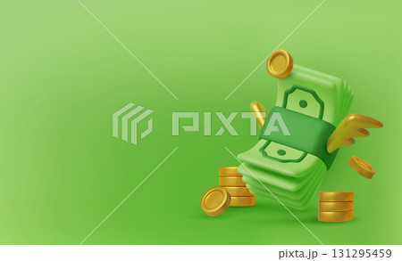 3D illustration of money with wings, representing wealth, financial independence, online payments, and modern digital economy. 131295459