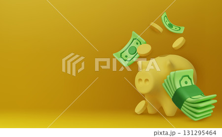 Finance concept illustration with piggy bank, coins, and banknotes, ideal for investment, saving money, and personal financial planning. 131295464