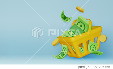 Gold coins with green paper dollars, Cashier s checks. Realistic 3d design in cartoon style. Business financial investment. Creative concept. Trade cash back. Save savings. Vector illustration 131295466