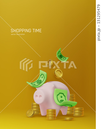 Money Piggy bank creative business concept. Realistic 3d design. Pink pig keeps gold coins. Safe finance investment. Financial services. Landing page template mockup for website. Vector illustration 131295479