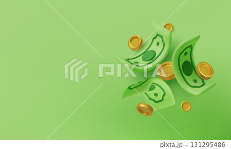 3D falling hundred dollars and gold coins. Cartoon paper currency and coins. Business and success investment background. Vector illustration 3D falling hundred dollars and gold coins. Cartoon paper currency and coins. Business and success investment background. Vector illustration 131295486