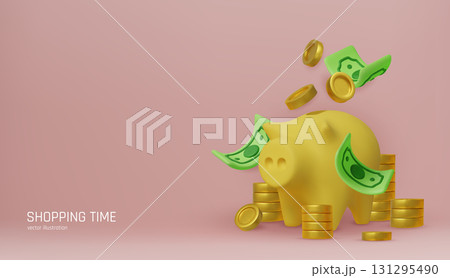 Money Piggy bank creative business concept. Realistic 3d design. Pink pig keeps gold coins. Safe finance investment. Financial services. Landing page template mockup for website. Vector illustration 131295490
