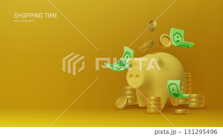 Money Piggy bank creative business concept. Realistic 3d design. Pink pig keeps gold coins. Safe finance investment. Financial services. Landing page template mockup for website. Vector illustration Money Piggy bank creative business concept. Realistic 3d design. Pink pig keeps gold coins. Safe finance investment. Financial services. Landing page template mockup for website. Vector illustration 131295496