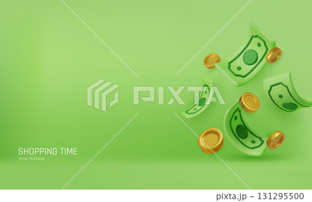 3D falling hundred dollars and gold coins. Cartoon paper currency and coins. Business and success investment background. Vector illustration 131295500