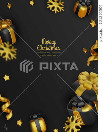 Happy New Year and Merry Christmas. Christmas holiday background with realistic 3d objects, bauble balls, conical metal stars. Levitation falling design composition. Happy New Year and Merry Christmas. Christmas holiday background with realistic 3d objects, bauble balls, conical metal stars. Levitation falling design composition. 131295504