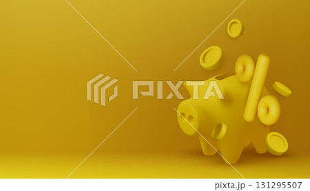 Modern 3D piggy bank concept with percentage symbol and coins, great for investment, finance, and promotional campaigns. Modern 3D piggy bank concept with percentage symbol and coins, great for investment, finance, and promotional campaigns. 131295507