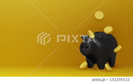 Black piggy bank with stacked coins on yellow background, symbolizing money saving, investment, finance, banking, and economic growth 131295512