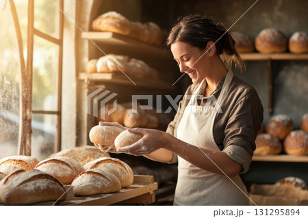 A candid shot of a female baker arranging loaves in a rustic bakery, ideal for branding warm, artisan food products and authentic small business imagery. A candid shot of a female baker arranging loaves in a rustic bakery, ideal for branding warm, artisan food products and authentic small business imagery. 131295894