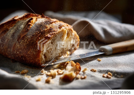 Minimalist bakery scene focused on texture and slicing moment, great for high-end food editorials and lifestyle visuals. 131295906