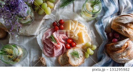 No Dish Picnic Meal Layout on Rustic Kitchen Counter with Cheese, Fruits, and Bread in Natural Light No Dish Picnic Meal Layout on Rustic Kitchen Counter with Cheese, Fruits, and Bread in Natural Light 131295982