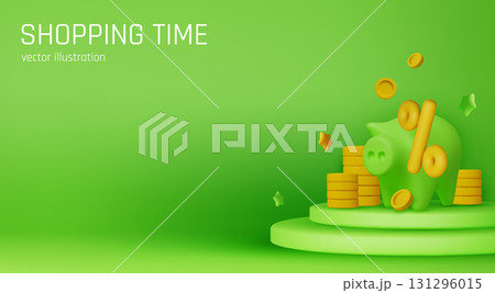 3D piggy bank illustration with flying coins and discount percentage, ideal for sales, shopping, and financial marketing projects. 131296015