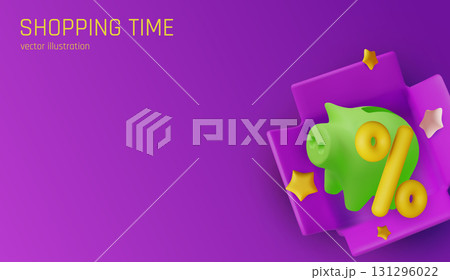 3D piggy bank with coins and stars on pink background, representing money saving, gift shopping, and financial growth. 131296022