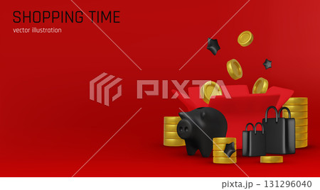 Finance and shopping concept illustration with gold piggy bank, coins, basket, and percentage sign for savings and discounts 131296040