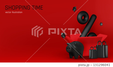 3D piggy bank illustration with flying coins and discount percentage, ideal for sales, shopping, and financial marketing projects. 131296041