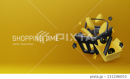 Finance and shopping concept illustration with gold piggy bank, coins, basket, and percentage sign for savings and discounts 131296053