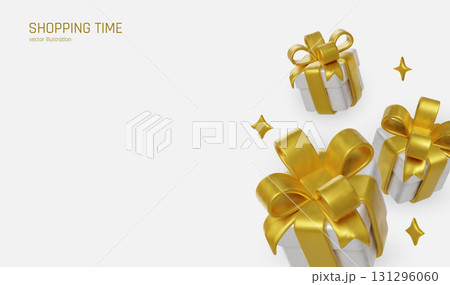 White festive gifts tied with glossy golden bows. 131296060
